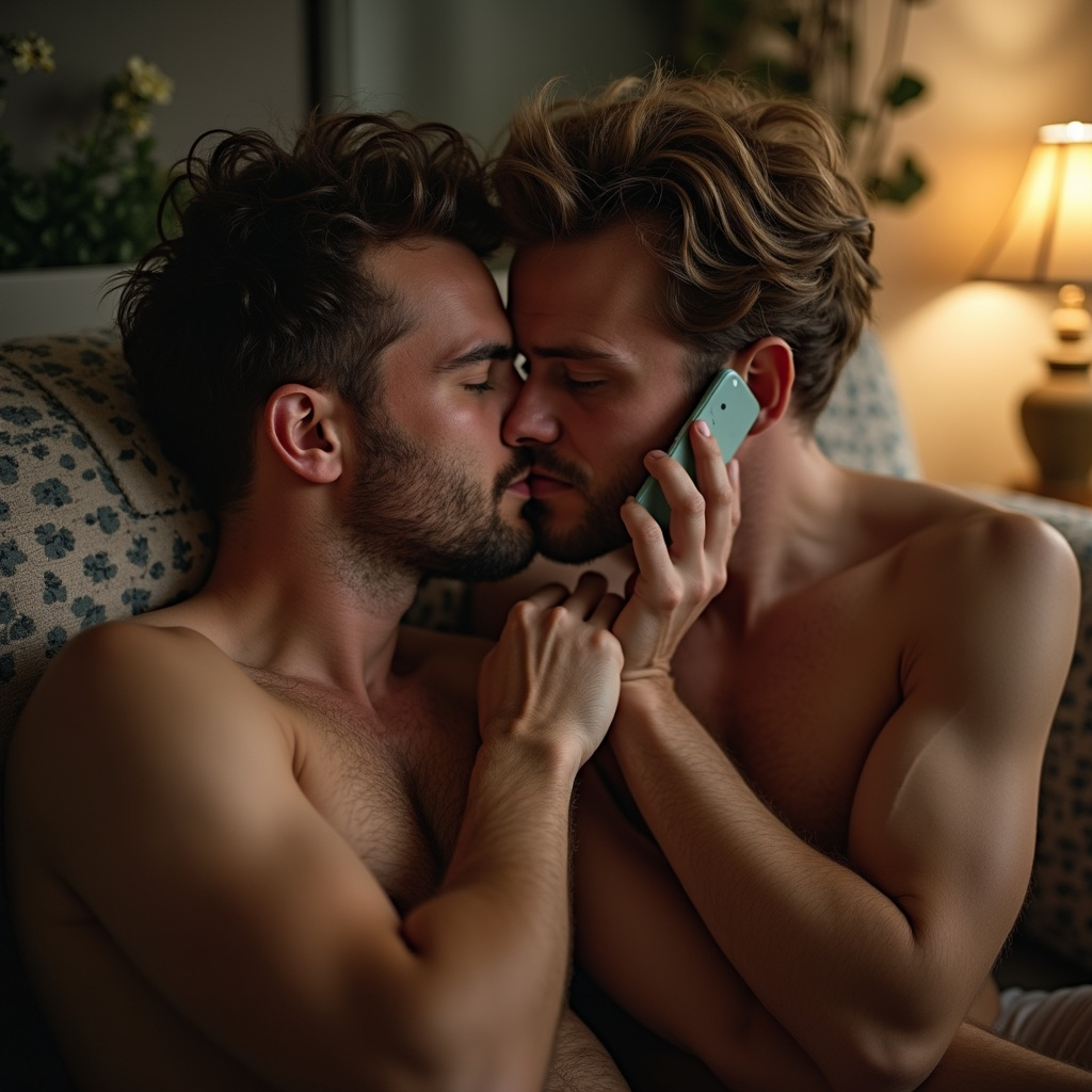 A couple of men laying on top of a couch next to each other