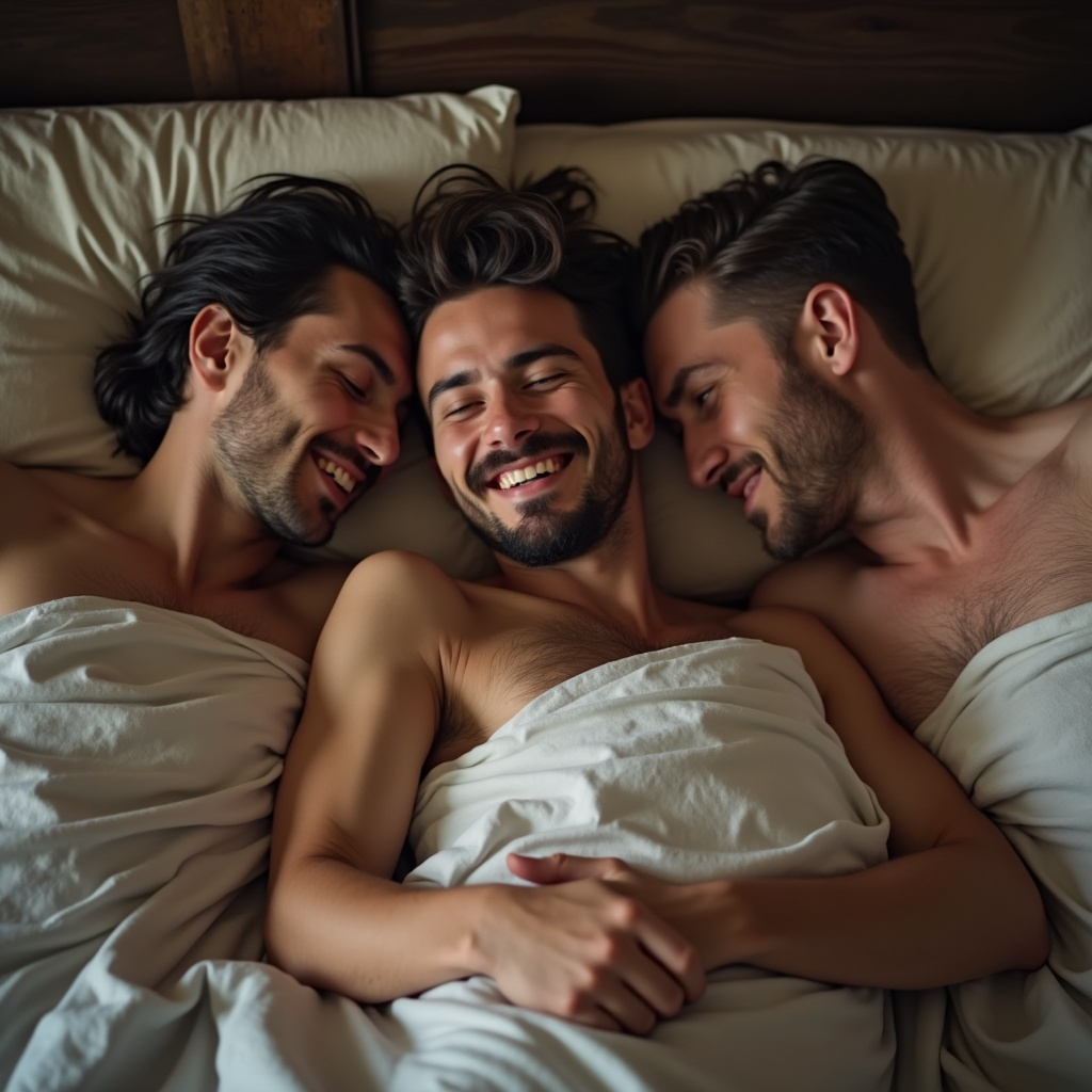 A couple of men laying in a bed next to each other