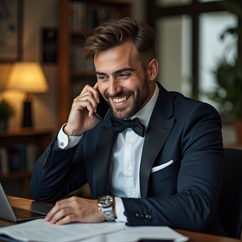 A man in a tuxedo talking on a cell phone