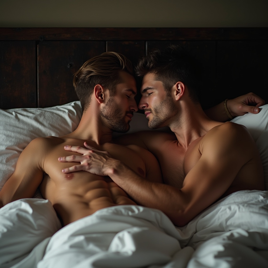 A couple of men laying in bed next to each other