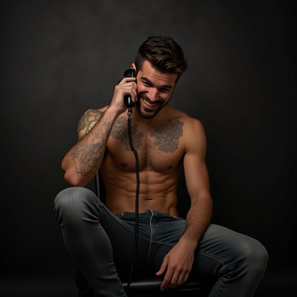 A shirtless man sitting on a chair talking on a phone