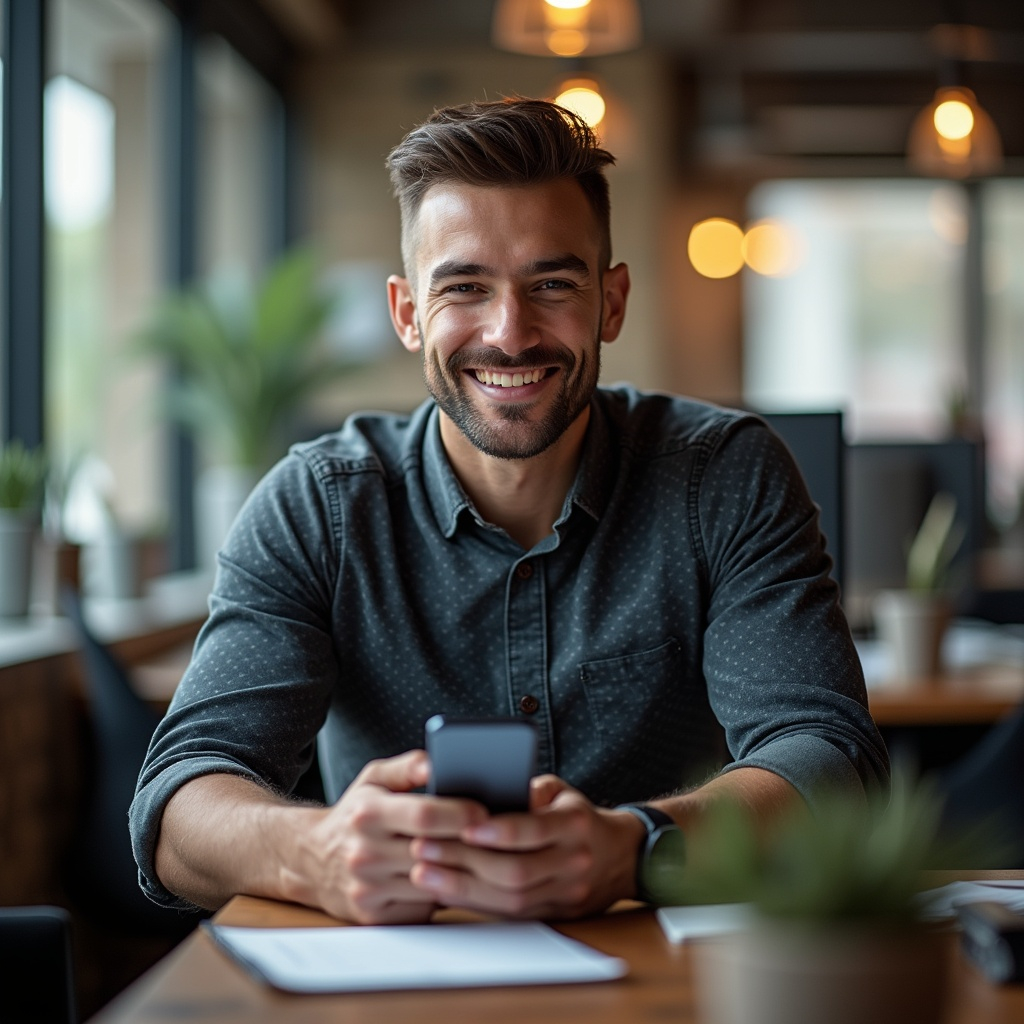 A man sitting at a table with a cell phone