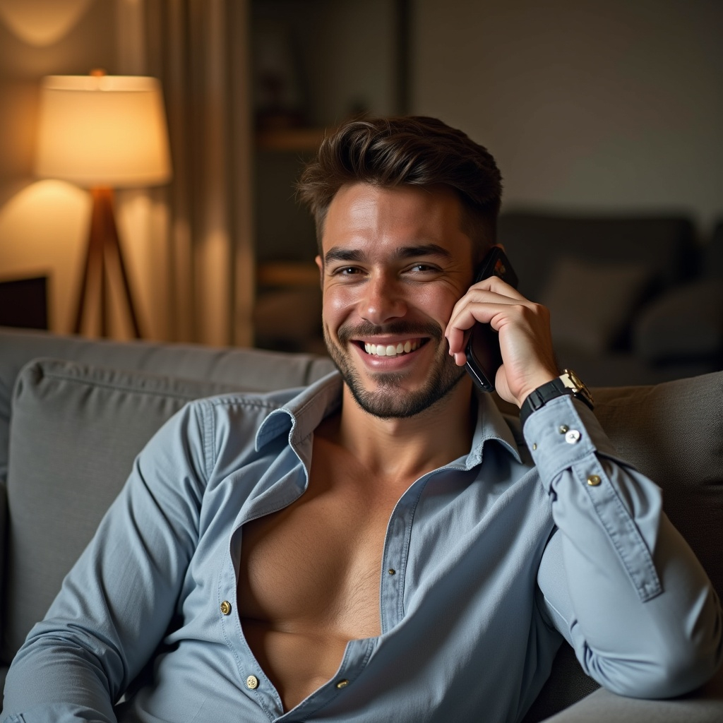 A man sitting on a couch talking on a cell phone