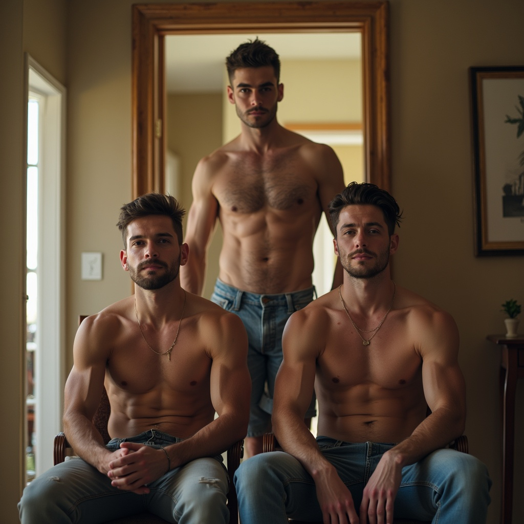 Three shirtless men sitting on a chair in front of a mirror