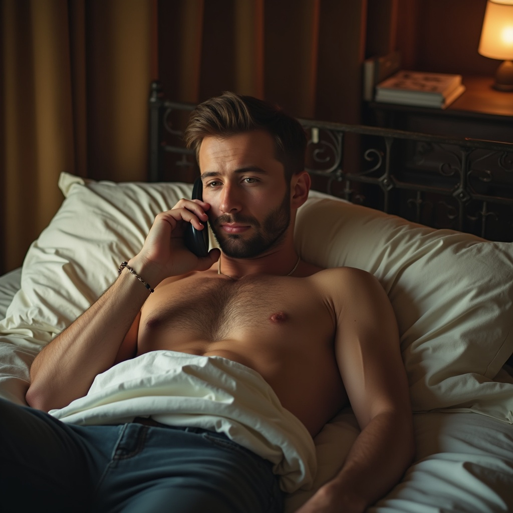 A man laying in bed talking on a cell phone