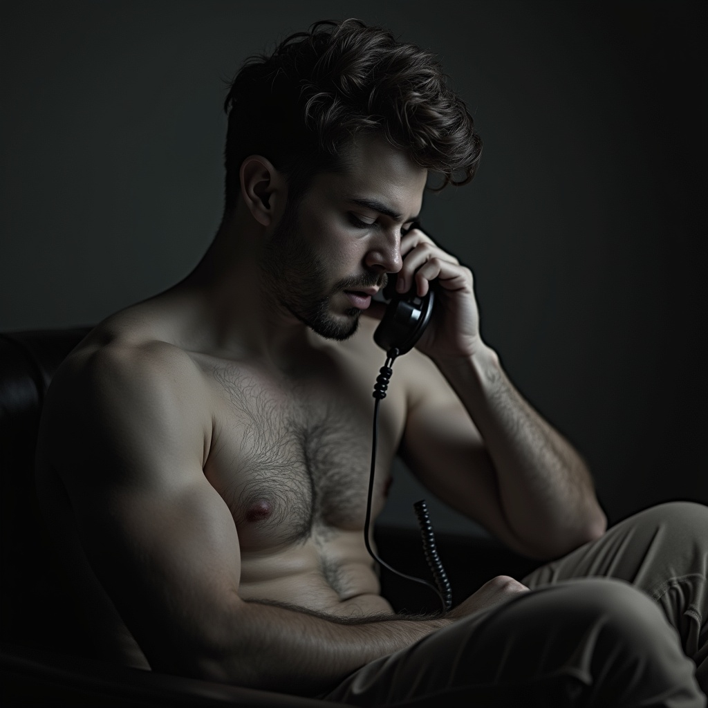 A shirtless man sitting on a couch talking on a phone